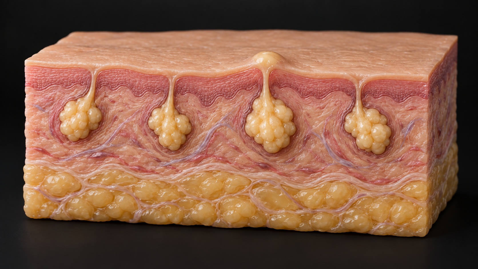 Conceptual oil glands opening onto the surface without hair follicles