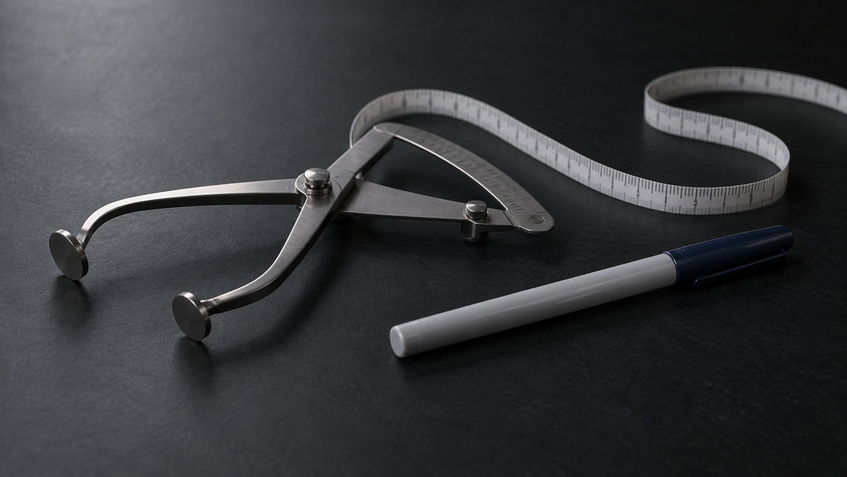 Measuring calipers, tape and marker illustrating contour planning
