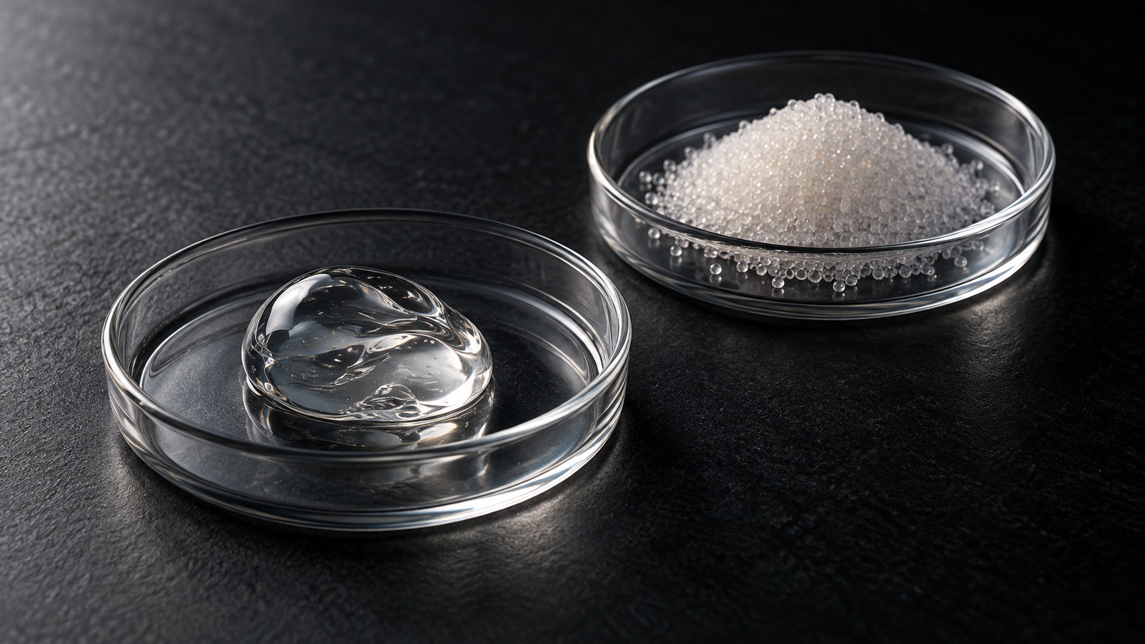 Conceptual gel and microsphere material samples in glass dishes